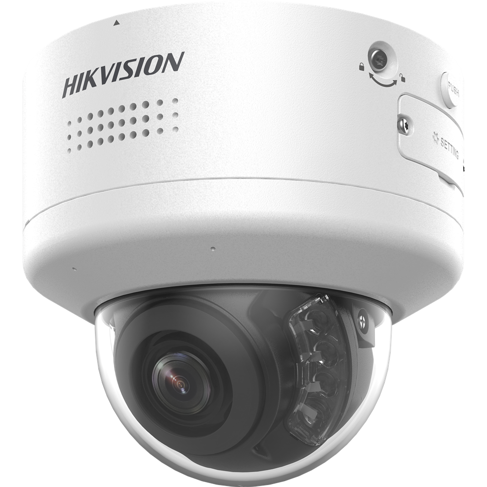 Weiße Überwachungskamera von Hikvision in Kuppelform mit einem Objektiv und Infrarot-LEDs im Inneren.