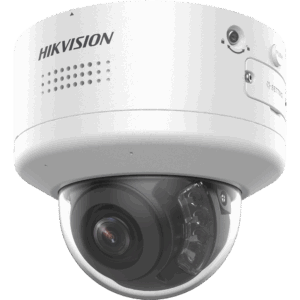 Dome-Überwachungskamera der Marke Hikvision in weißem Gehäuse mit durchsichtiger Kuppel, die eine Kamera und LED-Lichter beherbergt.