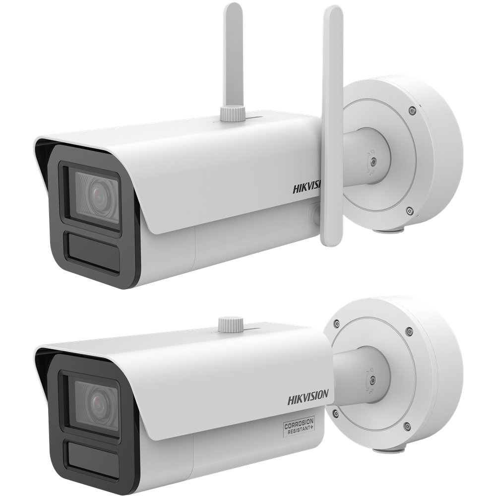 Zwei weiße Überwachungskameras von Hikvision mit unterschiedlichen Befestigungsmechanismen und Antennen.