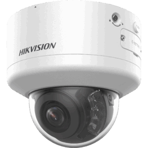 Weiße Überwachungskamera der Marke Hikvision mit einer gläsernen Kuppel und einer Sicht auf die Linse.