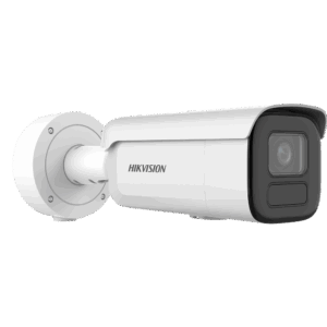 Weißer Überwachungsbunker von HIKVISION mit zylindrischem Körper und rechteckigem Objektivbereich.