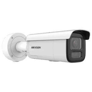 Hikvision Überwachungskamera in einem zylindrischen Gehäuse mit einem klar abgedeckten Objektiv und einer Wandhalterung.