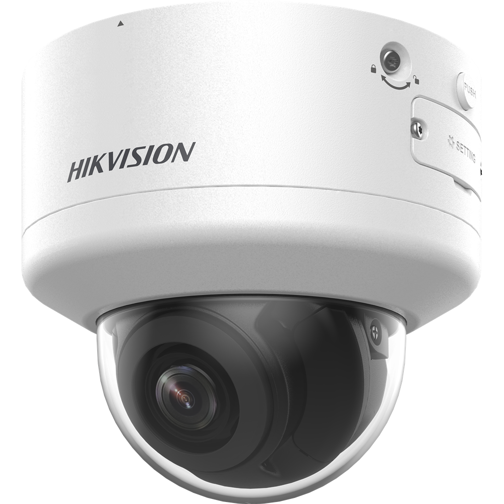 Nahaufnahme einer Kuppel-Überwachungskamera von Hikvision mit weißem Gehäuse und schwarzer Kuppel.