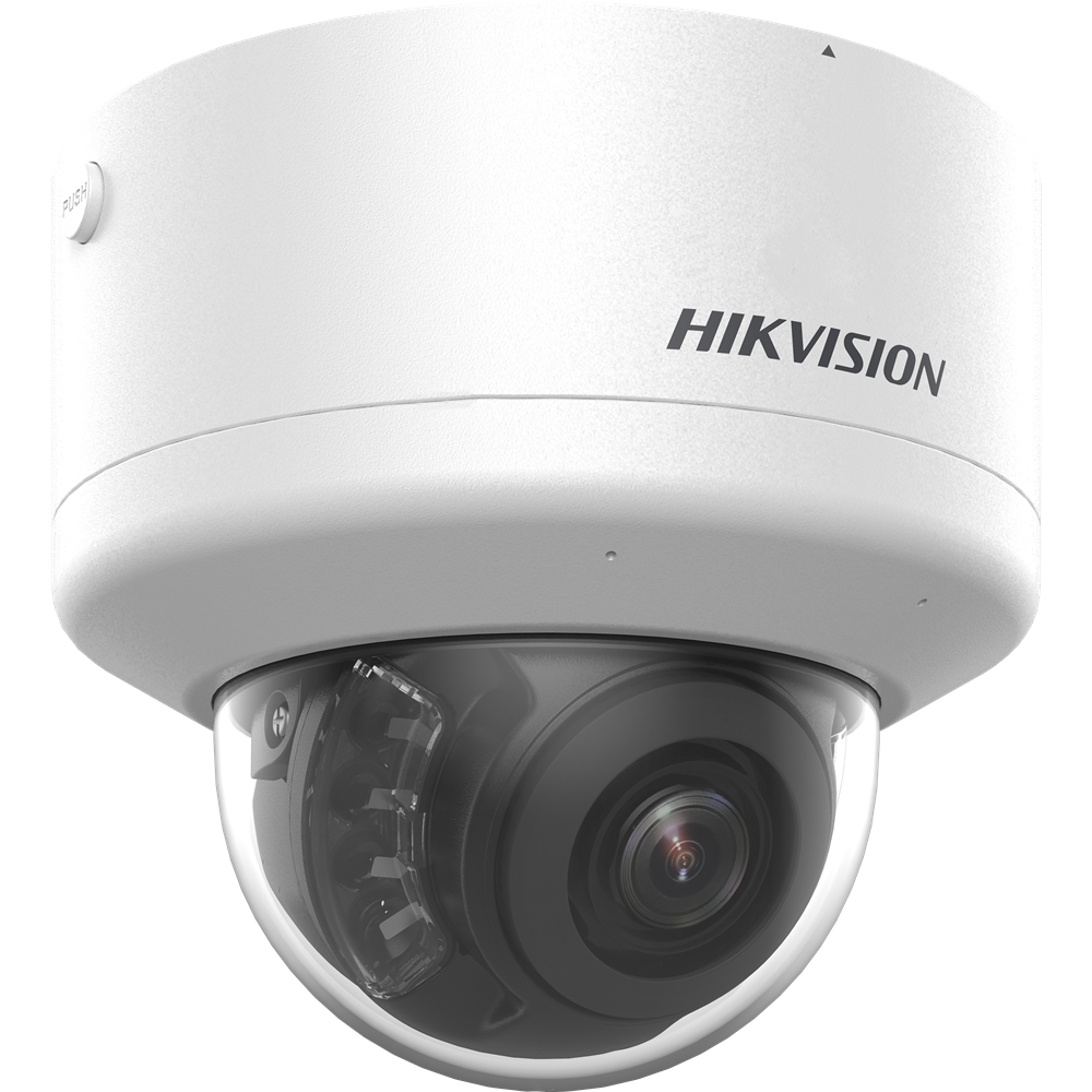 Weiße Überwachungskamera von Hikvision mit kuppelförmigem Design.