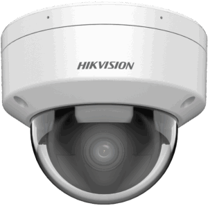 Weiße Dome-Überwachungskamera der Marke Hikvision mit einer klaren Glaskuppel und sichtbarem Objektiv.