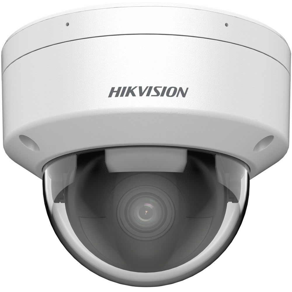 Weiße Dome-Überwachungskamera der Marke Hikvision mit einer klaren Glaskuppel und sichtbarem Objektiv.