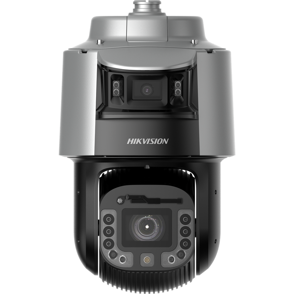 Graue Überwachungskamera von Hikvision mit kugelförmigem Gehäuse und einer Linse in der Mitte, umgeben von mehreren Sensoren oder Leuchten.