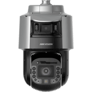 Eine moderne Überwachungskamera von Hikvision mit einem robusten, grauen Gehäuse und mehreren Objektiven und Sensoren.