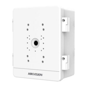 Rechteckige weiße Anschlussdose der Marke Hikvision mit mehreren Löchern und einem zentralen Loch für Kabeldurchführungen.