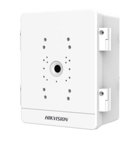 Rechteckige weiße Anschlussdose der Marke Hikvision mit mehreren Löchern und einem zentralen Loch für Kabeldurchführungen.