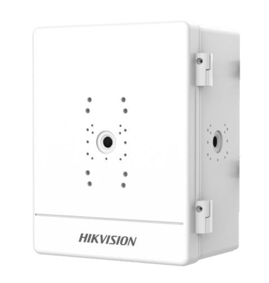Weiße Anschlussbox von Hikvision mit zentraler Montagevorrichtung und Scharnieren an der Seite.