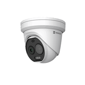 Eine weiße, kuppelförmige Überwachungskamera der Marke HIKMICRO mit mehreren Objektiven und einem Infrarotsensor.