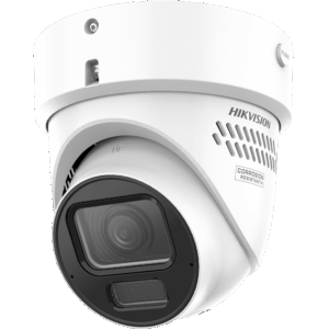 Eine weiße Sicherheitskamera von Hikvision mit Aufschrift "Corrosion Resistant" und rundem Gehäuse.
