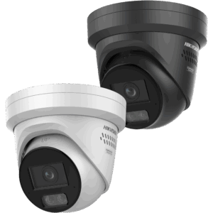 Zwei Dome-Sicherheitskameras, eine in Weiß und eine in Schwarz, mit der Aufschrift 'Hikvision' und sichtbaren Kameralinsen auf mattem Hintergrund.