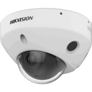 Nahaufnahme einer weißen Hikvision Dome-Überwachungskamera mit klarem Schutzgehäuse und sichtbar eingebautem Objektiv.