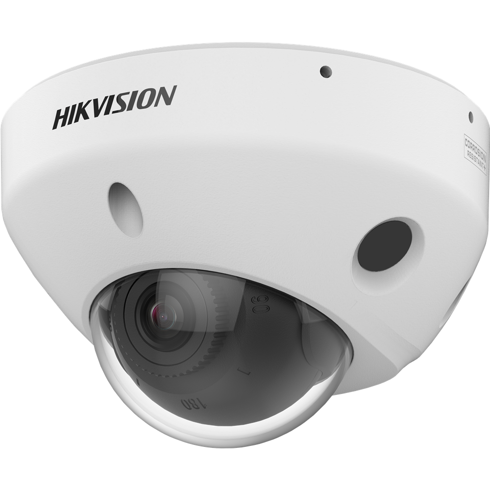 Weiße Dome-Kamera von Hikvision mit einem transparenten Gehäuse, das das Objektiv sichtbar macht.