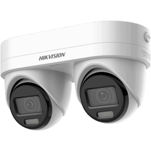 Hikvision dual-lens Überwachungskamera in einem weißen, korrosionsbeständigen Gehäuse.
