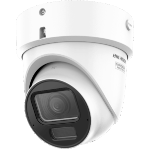 Weiße Sicherheitskamera der Marke Hikvision mit korrosionsbeständigem Gehäuse und prominentem Objektiv.
