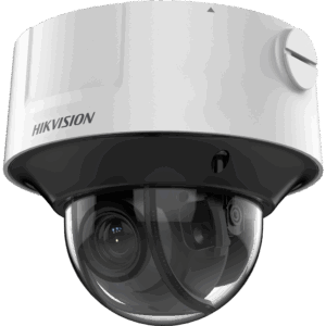 Weiße Überwachungskamera der Marke Hikvision in einer halbrunden Kuppelbauweise.