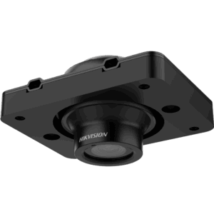 Schwarze Hikvision-Kamera in kompakter quadratischer Bauform mit Montageschlitzen und zentralem Objektiv.