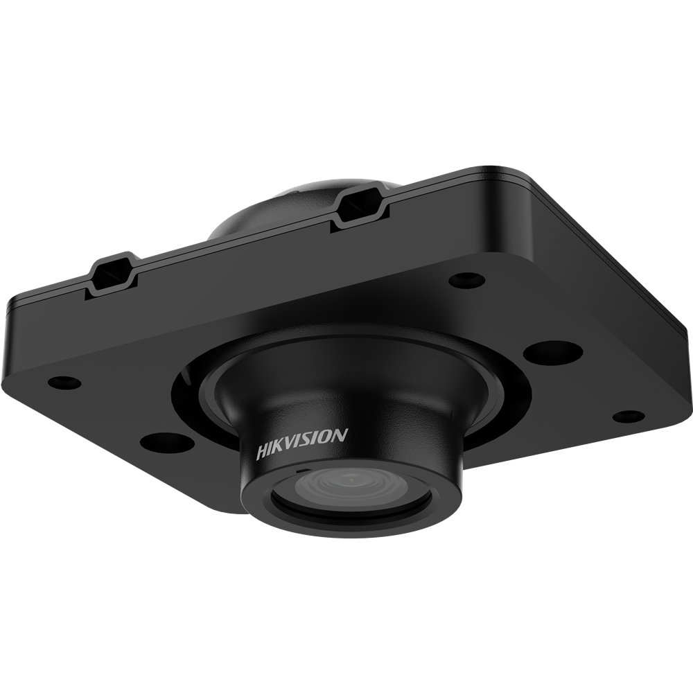 Schwarze Hikvision-Kamera in kompakter quadratischer Bauform mit Montageschlitzen und zentralem Objektiv.