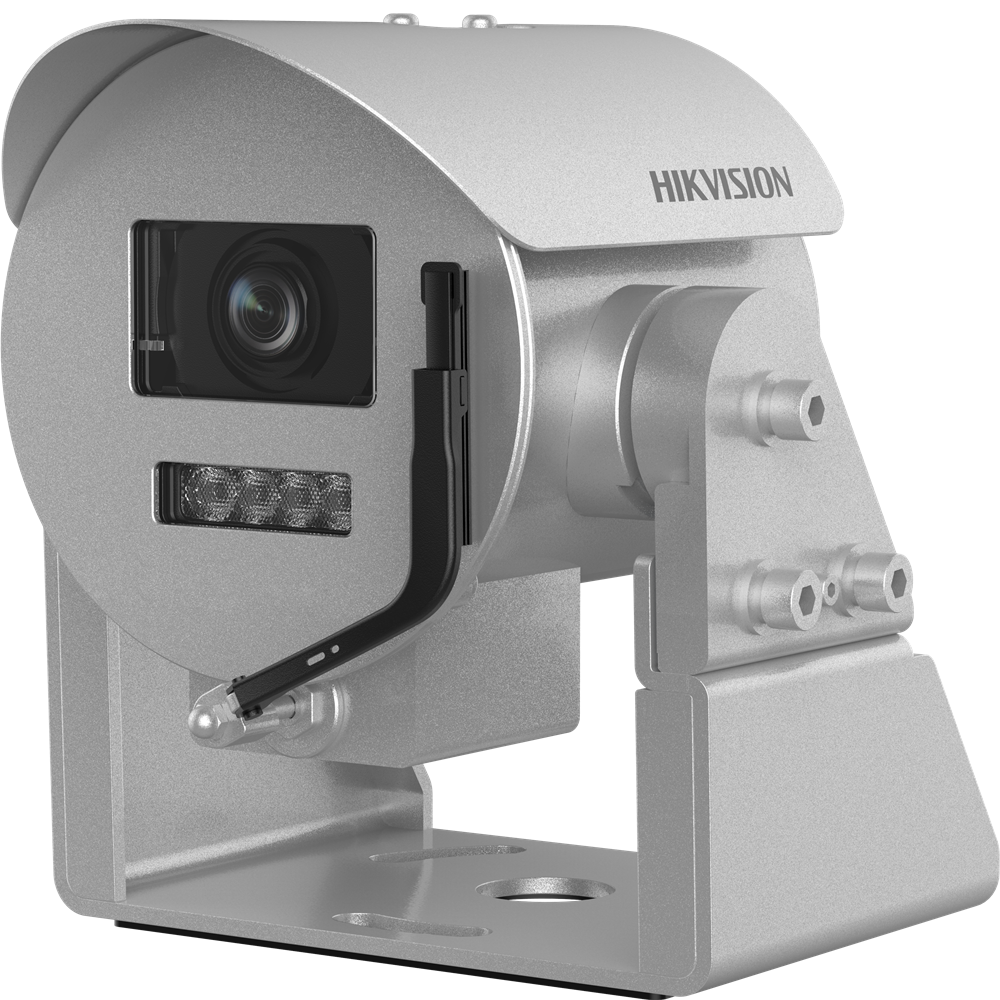 Silberfarbene Hikvision-Wärmebildkamera mit robustem Metallgehäuse und montierbarer Basis.