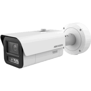 Weiß-graue Hikvision-Kamera mit rechteckigem Gehäuse und runder Halterung, ausgelegt für Außenüberwachung.