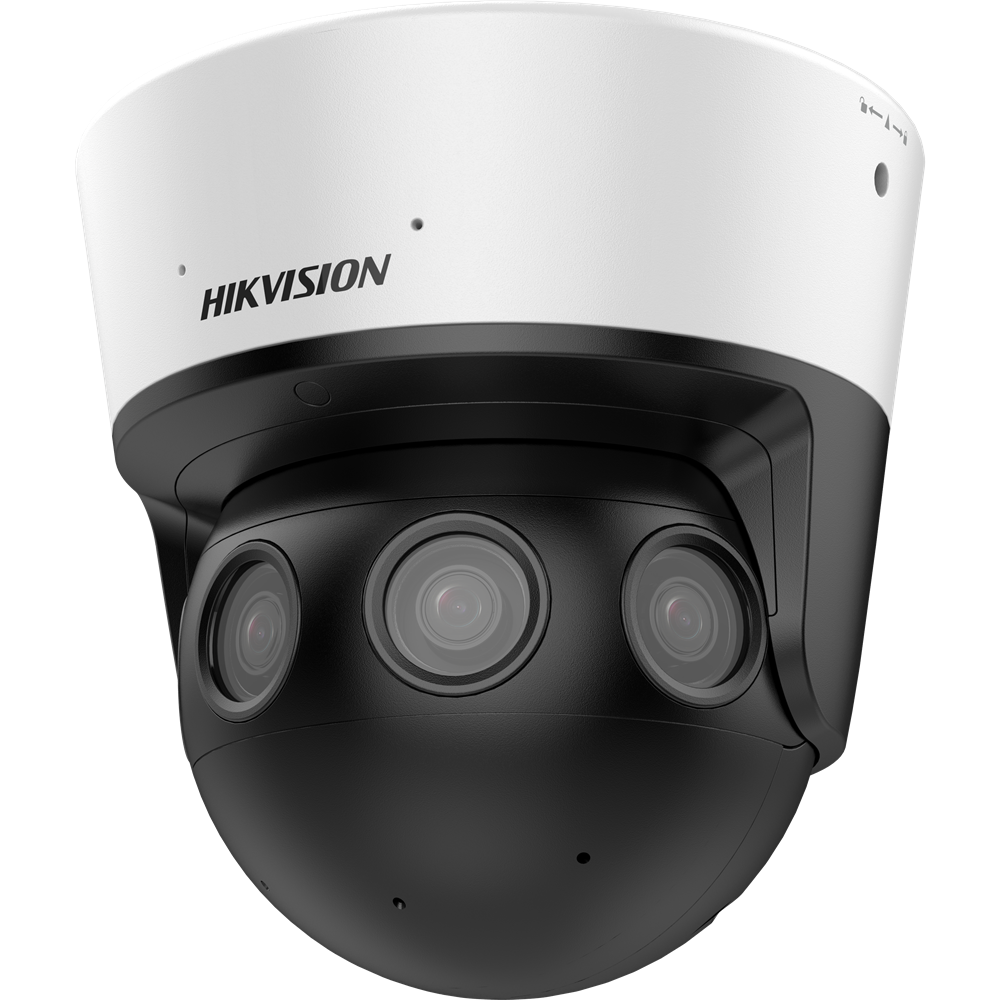 Eine kugelförmige Überwachungskamera von Hikvision mit drei sichtbaren Linsen, oben in einem weißen Gehäuse eingebaut.