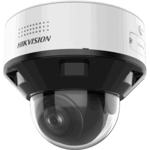 Eine Überwachungskamera der Marke Hikvision mit einer weißen Oberseite und einer kuppelförmigen Linse darunter.
