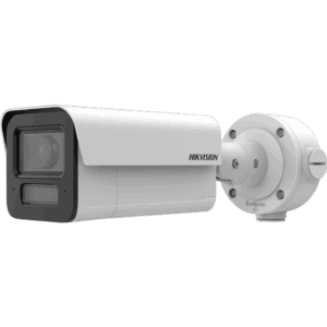 Eine weiße Überwachungskamera von Hikvision mit rechteckigem Gehäuse und verstellbarer Halterung.