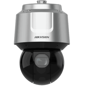 Eine silber-schwarze Überwachungskamera der Marke Hikvision, mit einer kuppelförmigen Linse unten.
