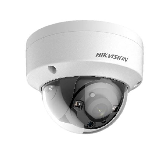 Eine weiße Dome-Kamera der Marke Hikvision mit glatter, halbkreisförmiger Oberfläche und einem klaren Abdeckungsbereich.