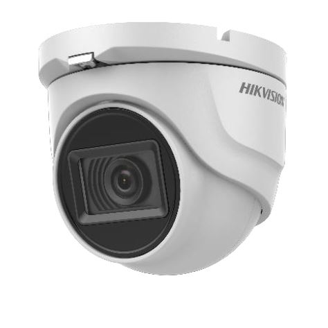 Eine weiße Überwachungskamera der Marke Hikvision mit einem modernen, kompakten Design.