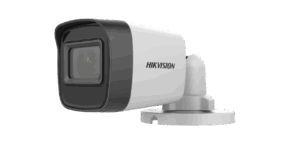 Silber-schwarze Sicherheitskamera von Hikvision mit einem rechteckigen Gehäuse und einer runden Halterung.