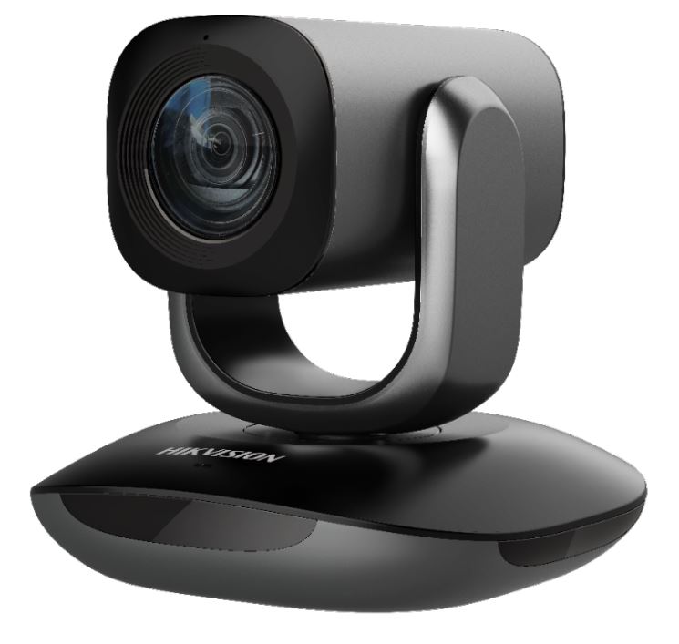 Eine moderne schwarze Webcam mit großem Objektiv und schwenkbarem Arm.