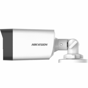 Weiße Hikvision Überwachungskamera mit rechteckigem Gehäuse und Schwenkarmhalterung, seitlich abgebildet.