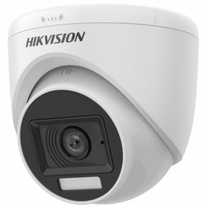Weißgraue Überwachungskamera von Hikvision mit einem markanten, gewölbten Design und einer sichtbaren Linse in der Mitte.