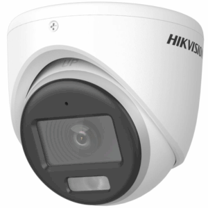 Sicherheitskamera von Hikvision in weißem Gehäuse mit Linse und LED-Leuchte.