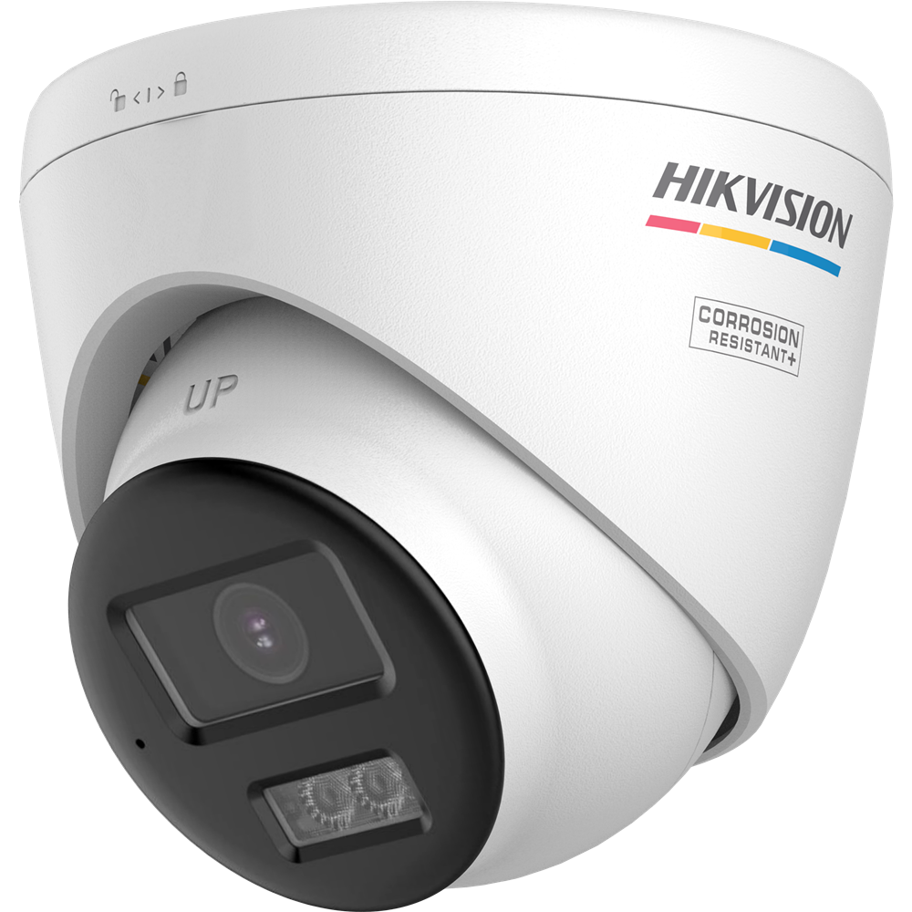 Weiß-graue Überwachungskamera mit der Aufschrift 'HIKVISION' und 'Corrosion Resistant+'.
