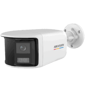 Weiße Überwachungskamera von Hikvision mit rechteckigem Design und runder Wandhalterung.