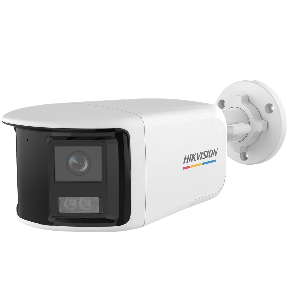 Weiße Überwachungskamera von Hikvision mit rechteckigem Design und runder Wandhalterung.