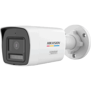 Weiße Überwachungskamera der Marke Hikvision mit einem korrosionsbeständigen Gehäuse.
