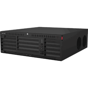 Schwarzer Hikvision Netzwerkvideo-Recorder mit Lüftungsschlitzen und Bedienfeld an der Vorderseite.