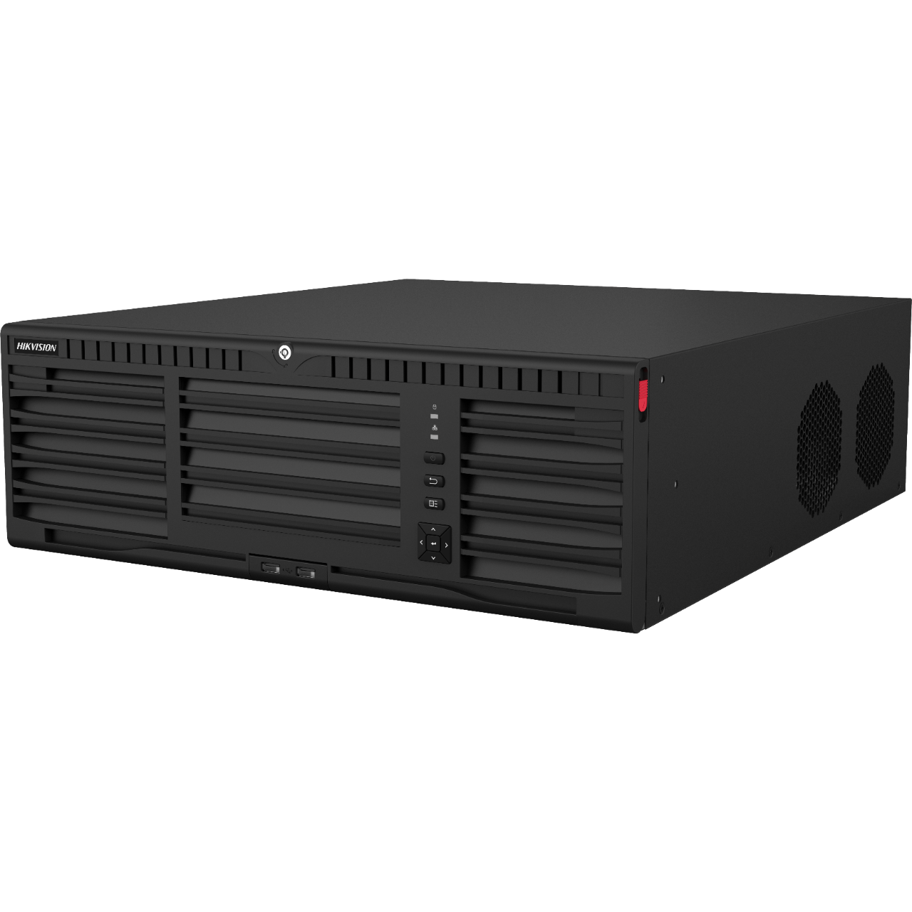 Schwarzer Hikvision Netzwerkvideo-Recorder mit Lüftungsschlitzen und Bedienfeld an der Vorderseite.