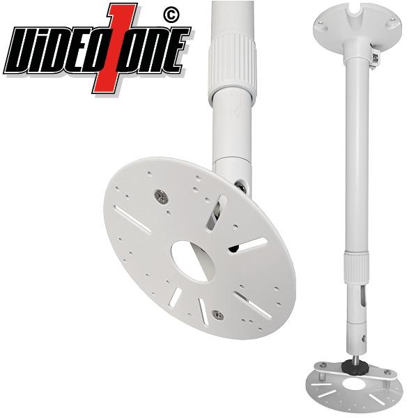 Deckenhalterung in Weiß mit verstellbarem Rohr und kreisförmiger Basisplatte mit mehreren Schlitzen und Bohrungen, geeignet für Projektoren oder ähnliche Geräte; daneben das Logo "Video One".