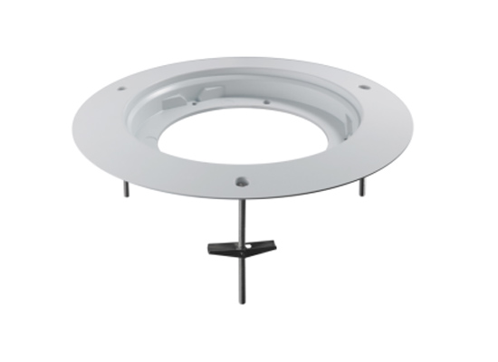 Ein weißer, kreisförmiger Deckenmontagerahmen mit Clips und Stäben für Befestigung, ausgelegt zur Installation in Decken.