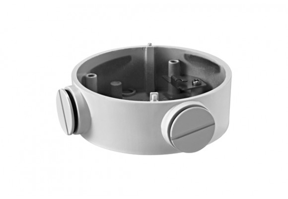 Runde, weiße Anschlussdose mit zwei seitlichen Verschlusskappen, die zur Befestigung von Elektroinstallationen dient.