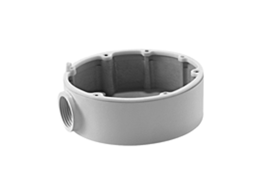 Rundes, graues Verbindungsgehäuse mit einer seitlichen Öffnung für Kabeldurchführung.