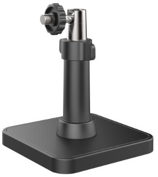 Ein schwarz-silberner Halterungsständer mit quadratischer Basis und einer verstellbaren Knopfverschraubung, der für die Befestigung von Geräten verwendet werden kann.