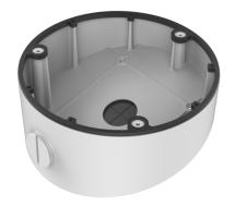 Runde, weiße Kunststoffhalterung mit offenen Befestigungselementen und einer Öffnung in der Mitte des Bodens.